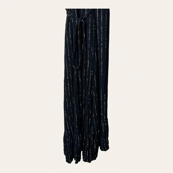 0408. MODCLOTH WRAP DRESS MAXI LENGTH BLACK WITH GOLD/SILVER IN COLOR STRIPES - Picture 10 of 15